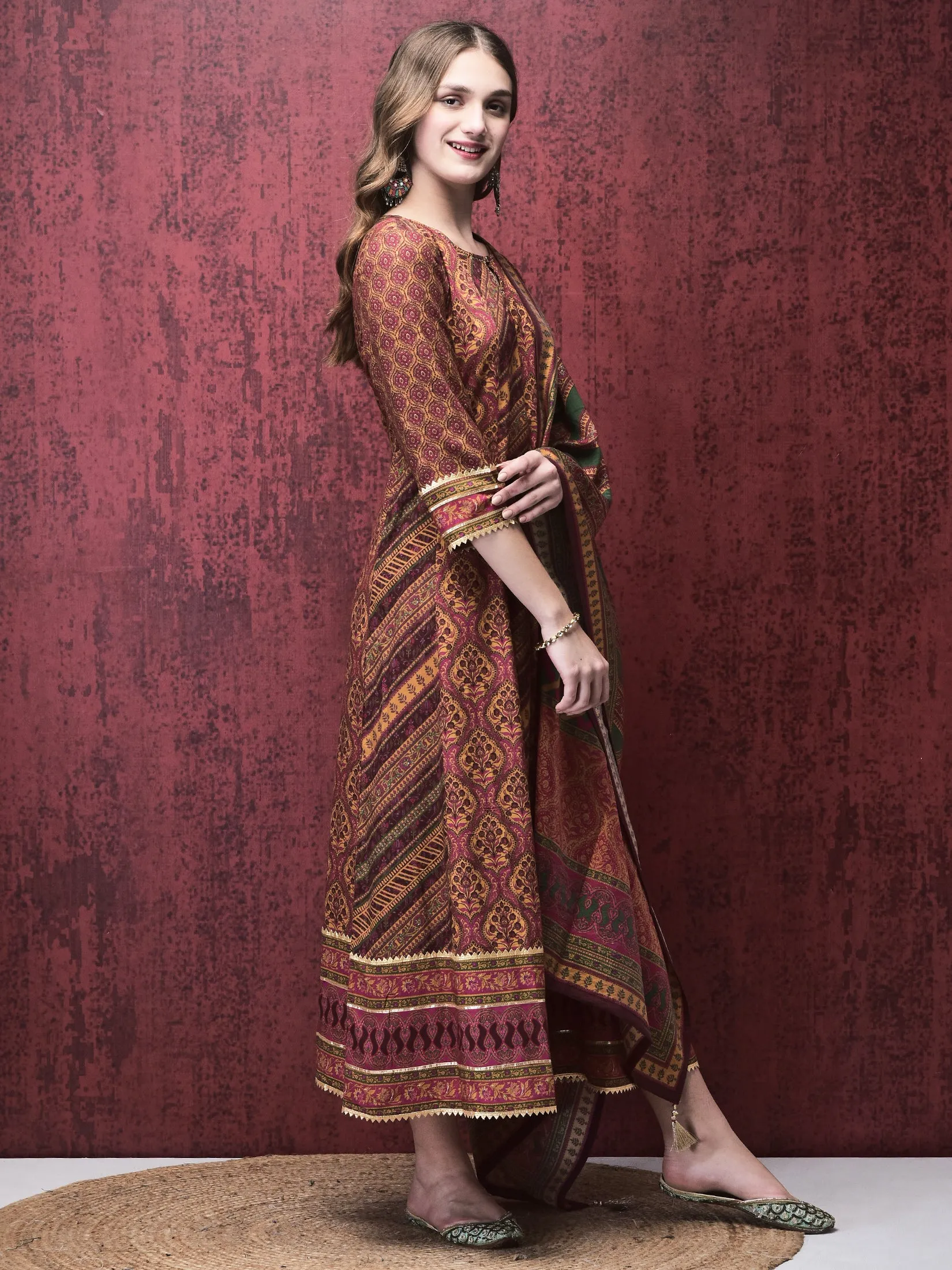 Work Safe Women Liva (Rayon) Multicolor Mughal Print Dress With Chanderi Dupatta