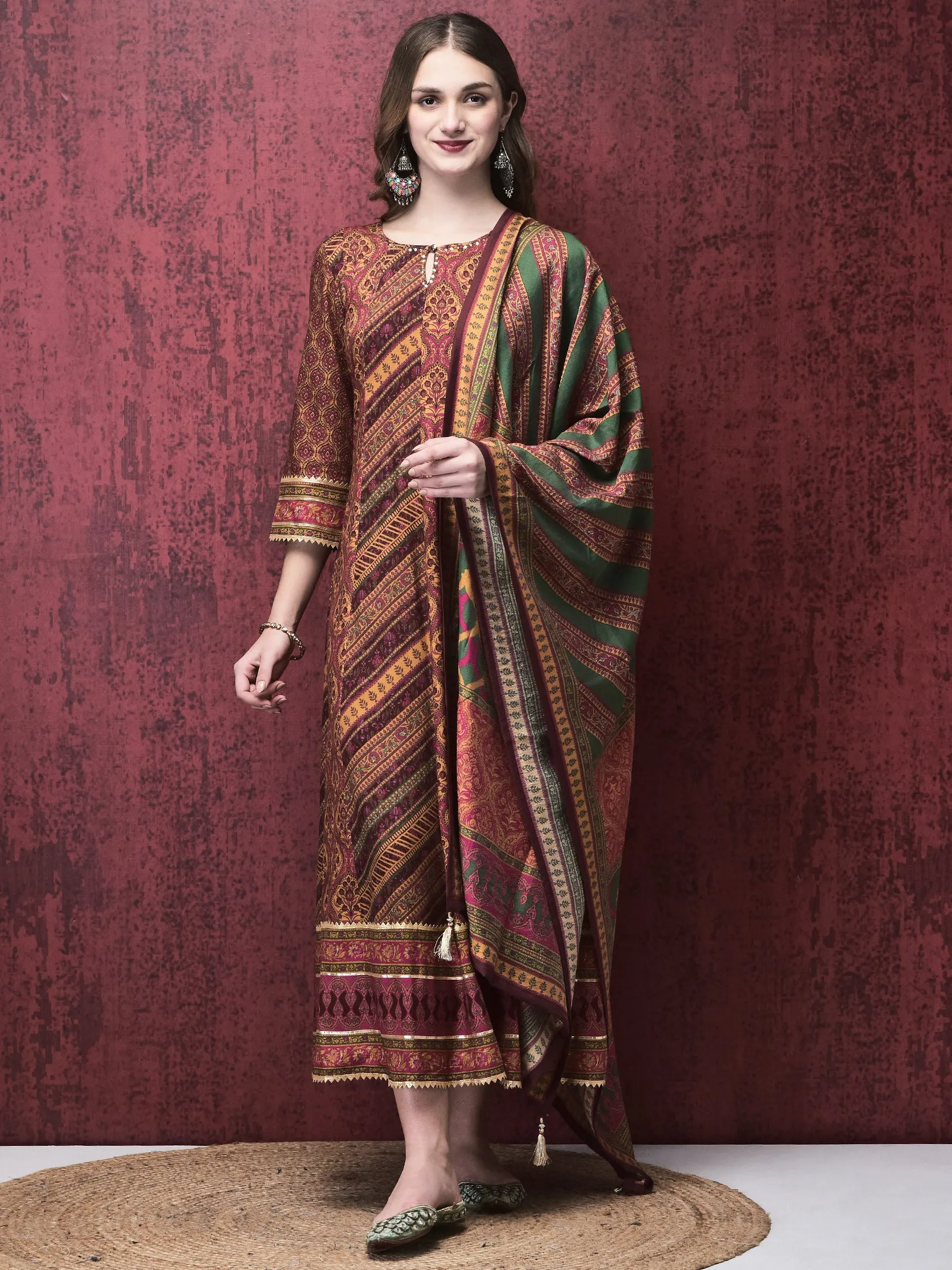 QuickRelease Closures Women Liva (Rayon) Multicolor Mughal Print Dress With Chanderi Dupatta