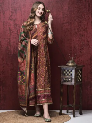 Women Liva (Rayon) Multicolor Mughal Print Dress With Chanderi Dupatta Light Layer