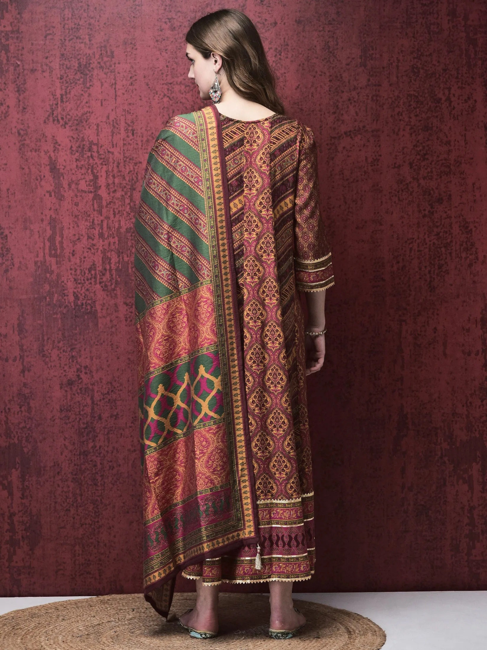 Women Liva (Rayon) Multicolor Mughal Print Dress With Chanderi Dupatta TumbleDry Safe