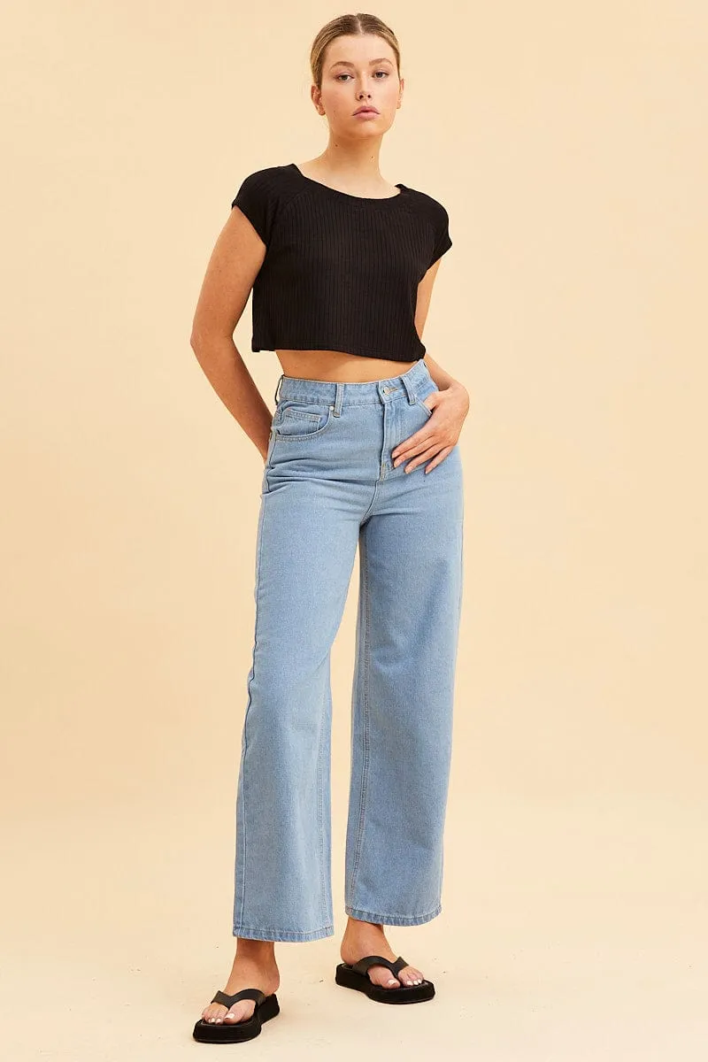 Free Fit Black Cropped T-Shirt Wide Rib Crew Neck Short Sleeve