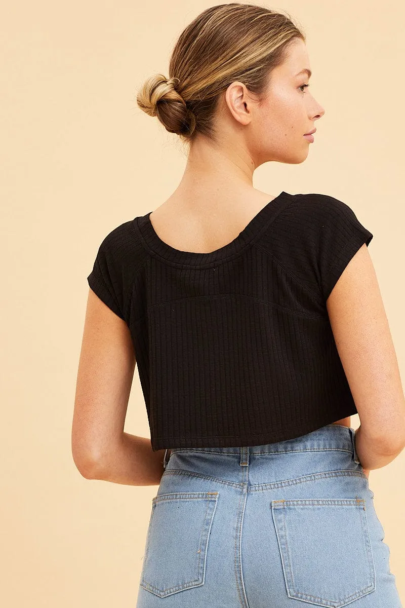 Black Cropped T-Shirt Wide Rib Crew Neck Short Sleeve SoftTouch Texture Winter Ready