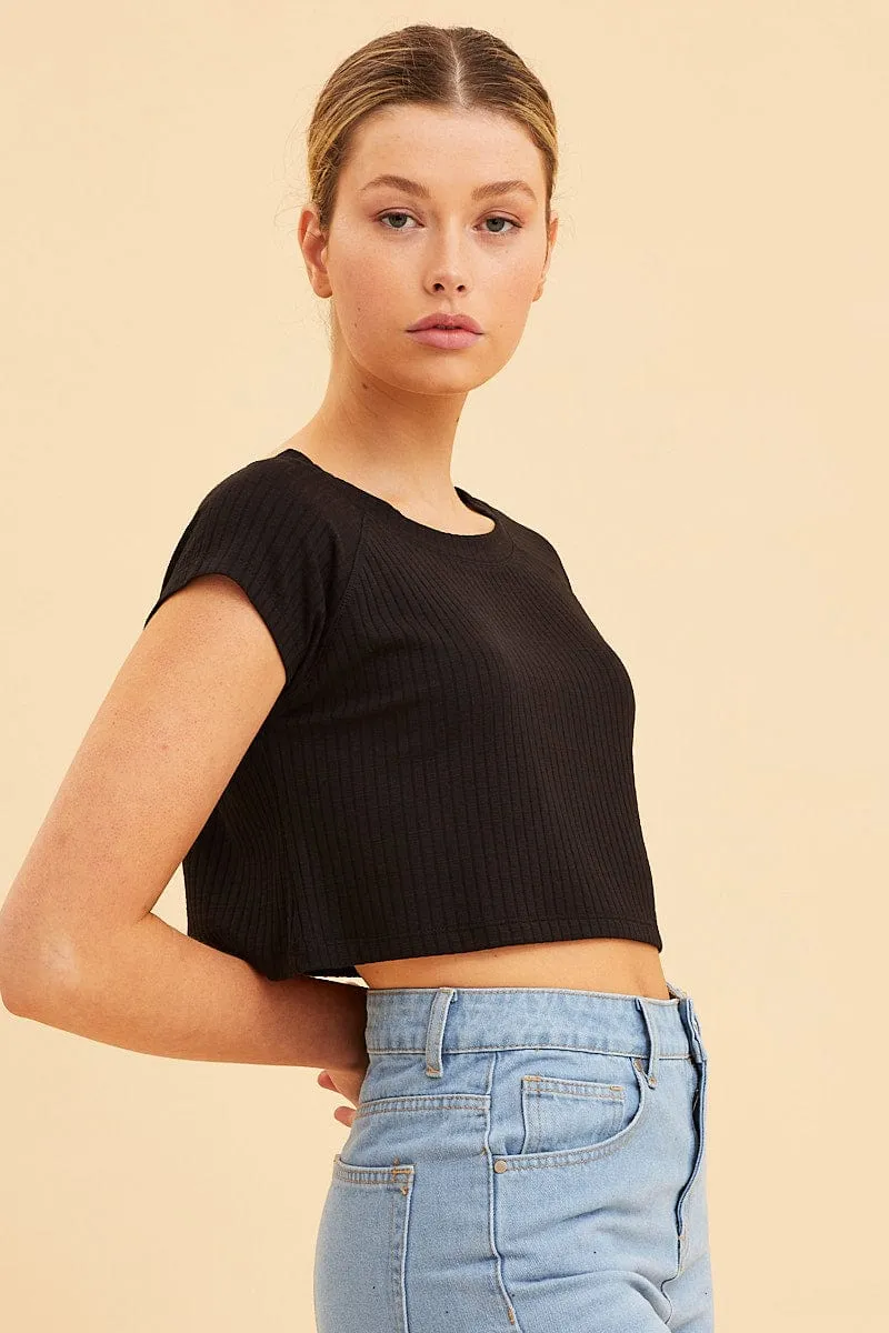 Black Cropped T-Shirt Wide Rib Crew Neck Short Sleeve Daywear Style MoistureControl Lining