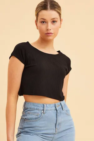 Comfortable fit Black Cropped T-Shirt Wide Rib Crew Neck Short Sleeve