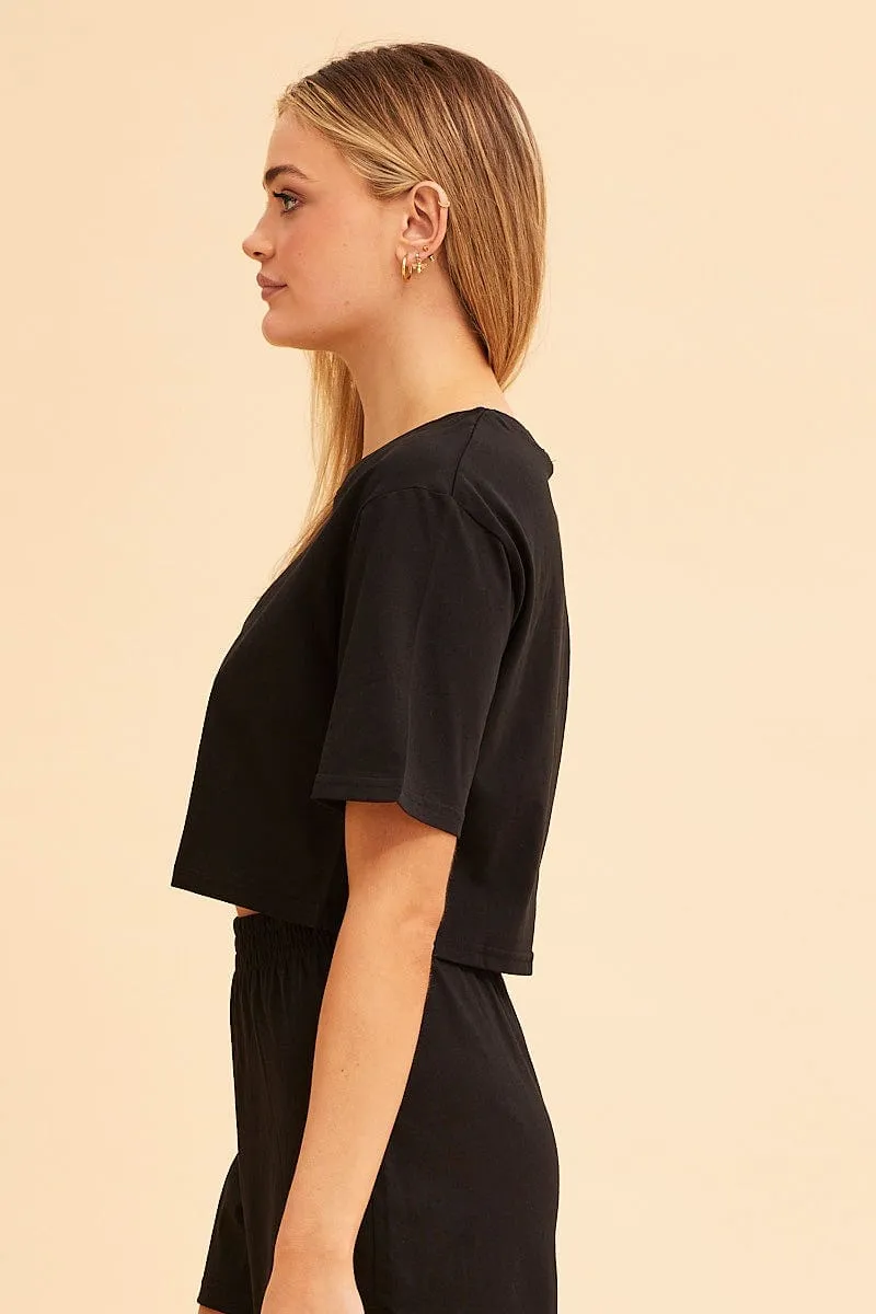 Black Jamie Cotton Jersey Crew Neck Cropped Tee GridTexture
