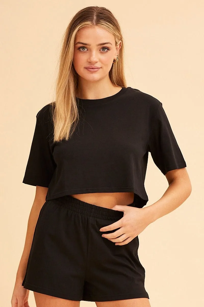 Black Jamie Cotton Jersey Crew Neck Cropped Tee Basic Wear Drive Core