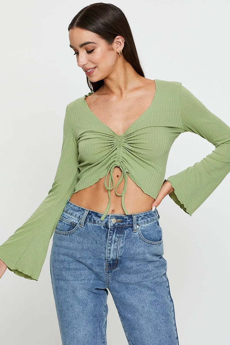 Green Crop Top Long Sleeve Charm Core KnotFree Tailoring
