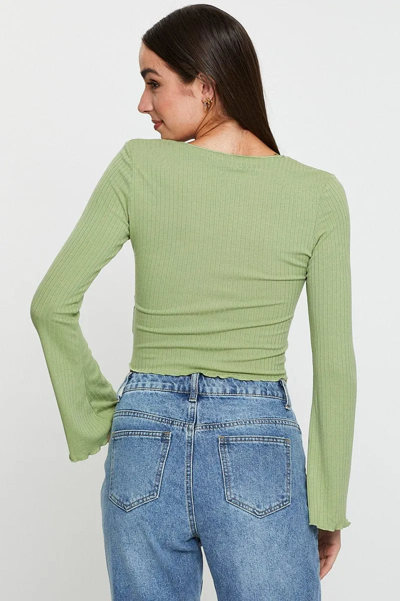 Green Crop Top Long Sleeve Korean Fresh Breathable mesh lining