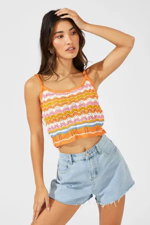 WearResistantHem Orange Stripe Knit Singlet Sleeveless Scoop Neck Crochet