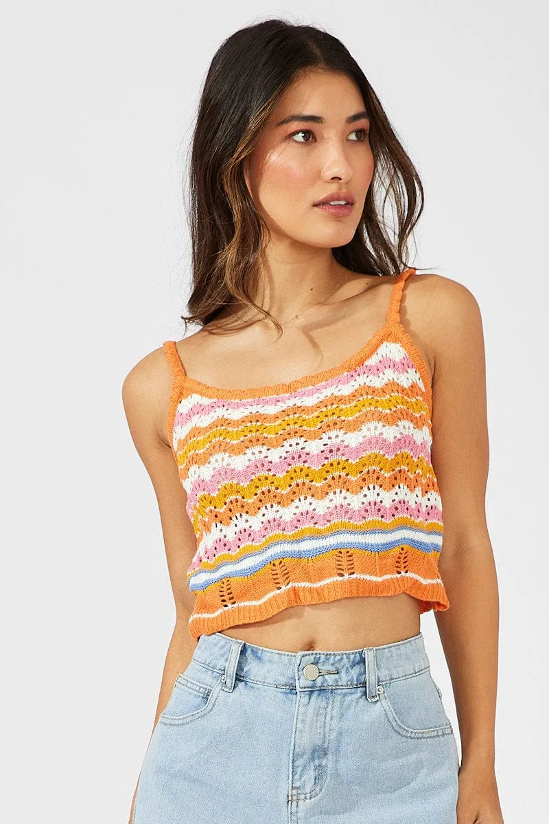 Orange Stripe Knit Singlet Sleeveless Scoop Neck Crochet Wild Mood