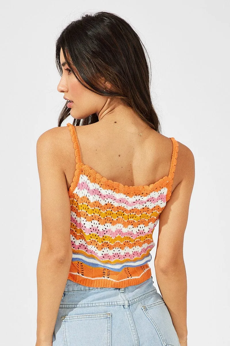 Orange Stripe Knit Singlet Sleeveless Scoop Neck Crochet AbrasionResistant Material