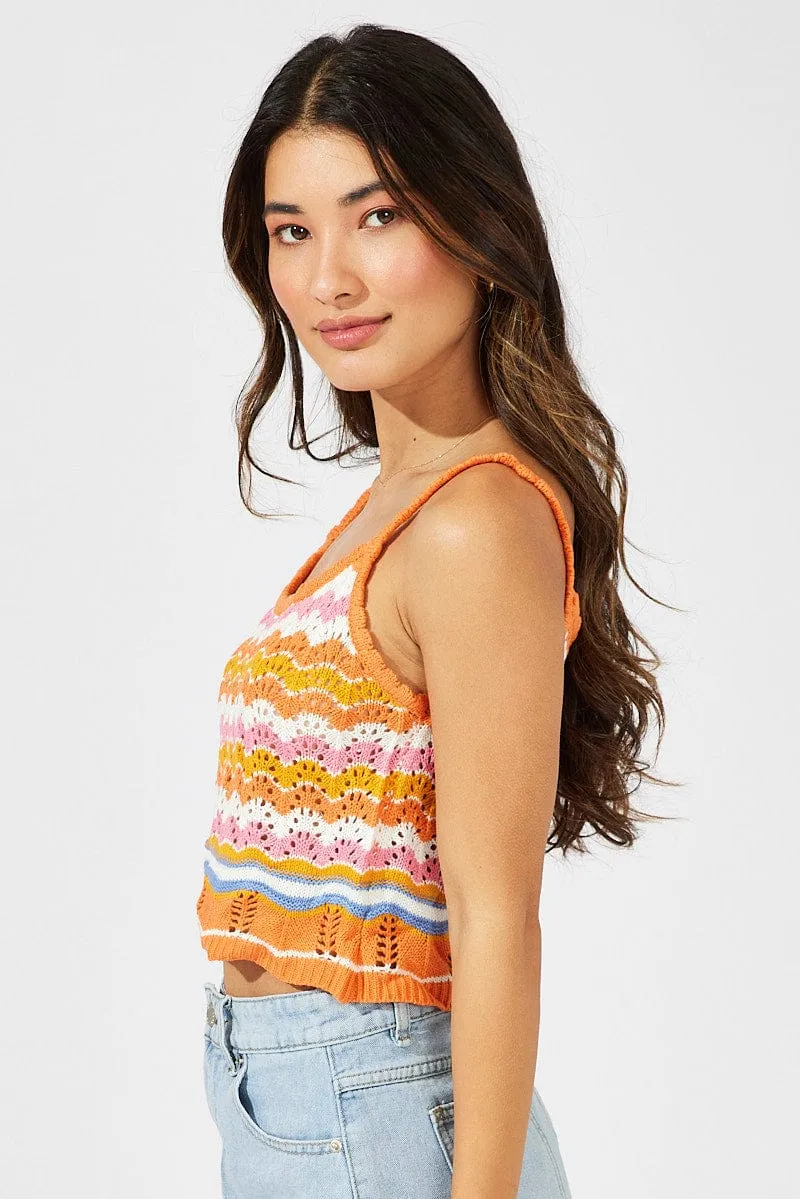 Orange Stripe Knit Singlet Sleeveless Scoop Neck Crochet Star Fit Island Vibe