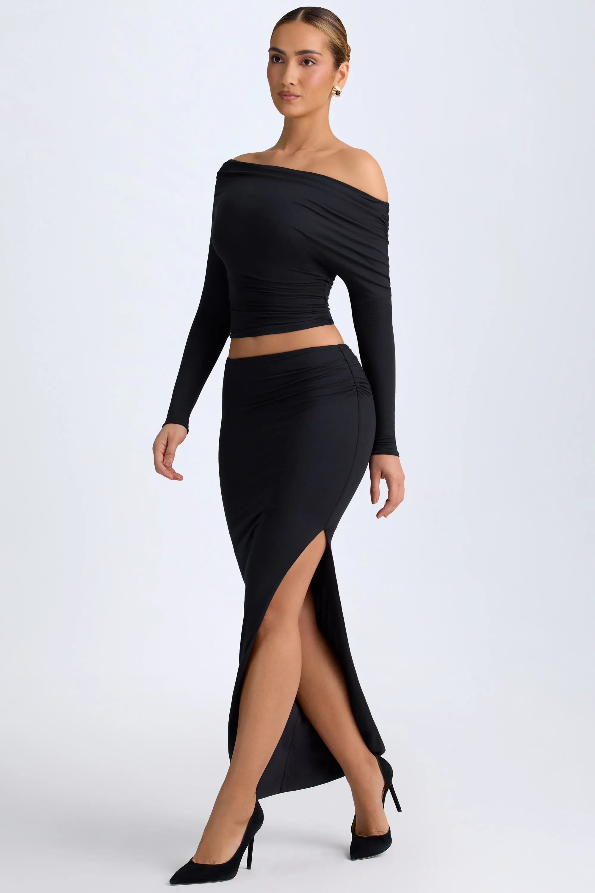 Modal Low-Rise Maxi Skirt in Black Mix Culture Pleated Construction