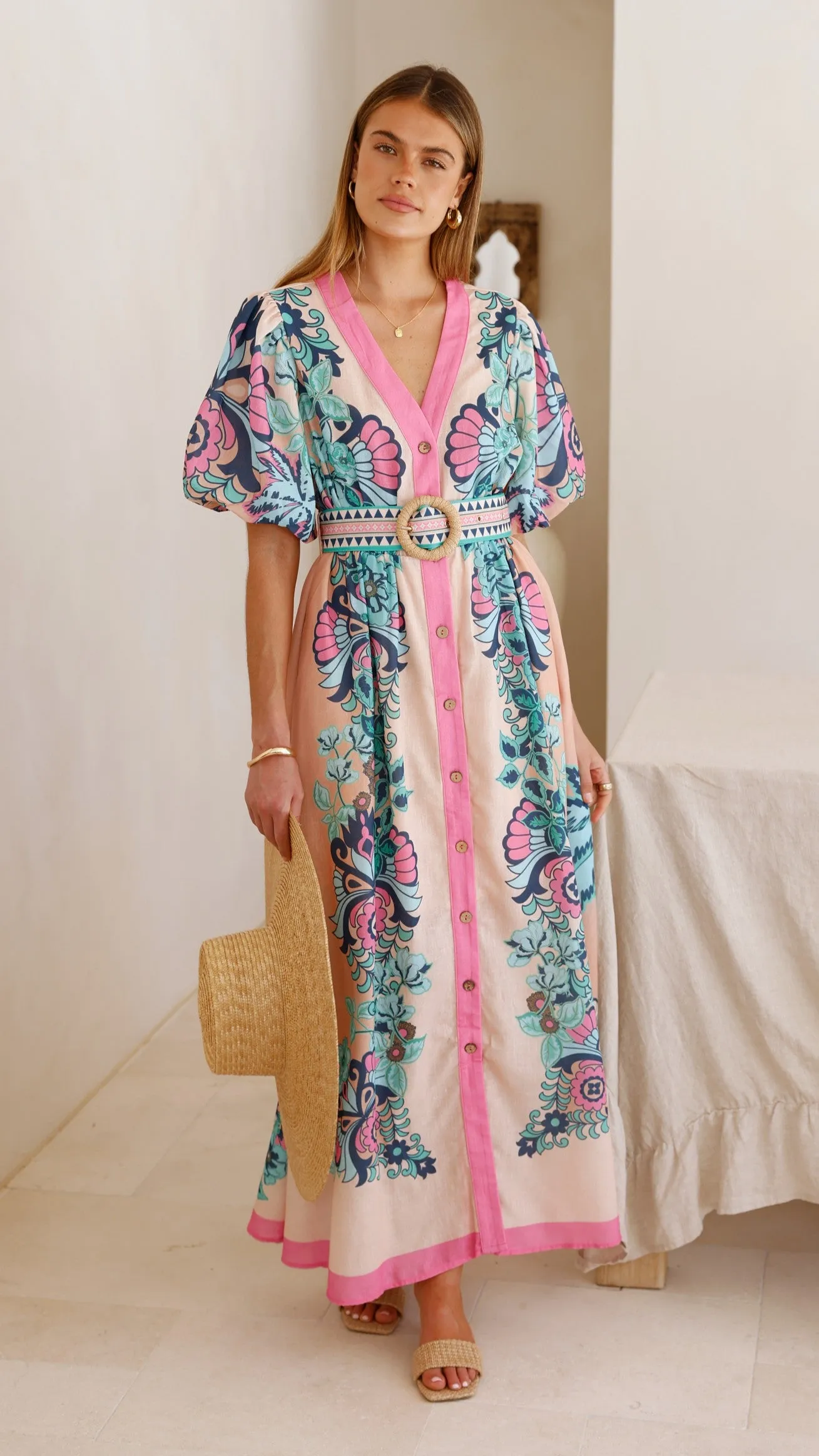 The maxi length of this dress provides full coverage while still maintaining a lightweight feel Coral Bay Dali Maxi Dress - Island Bloom Pink