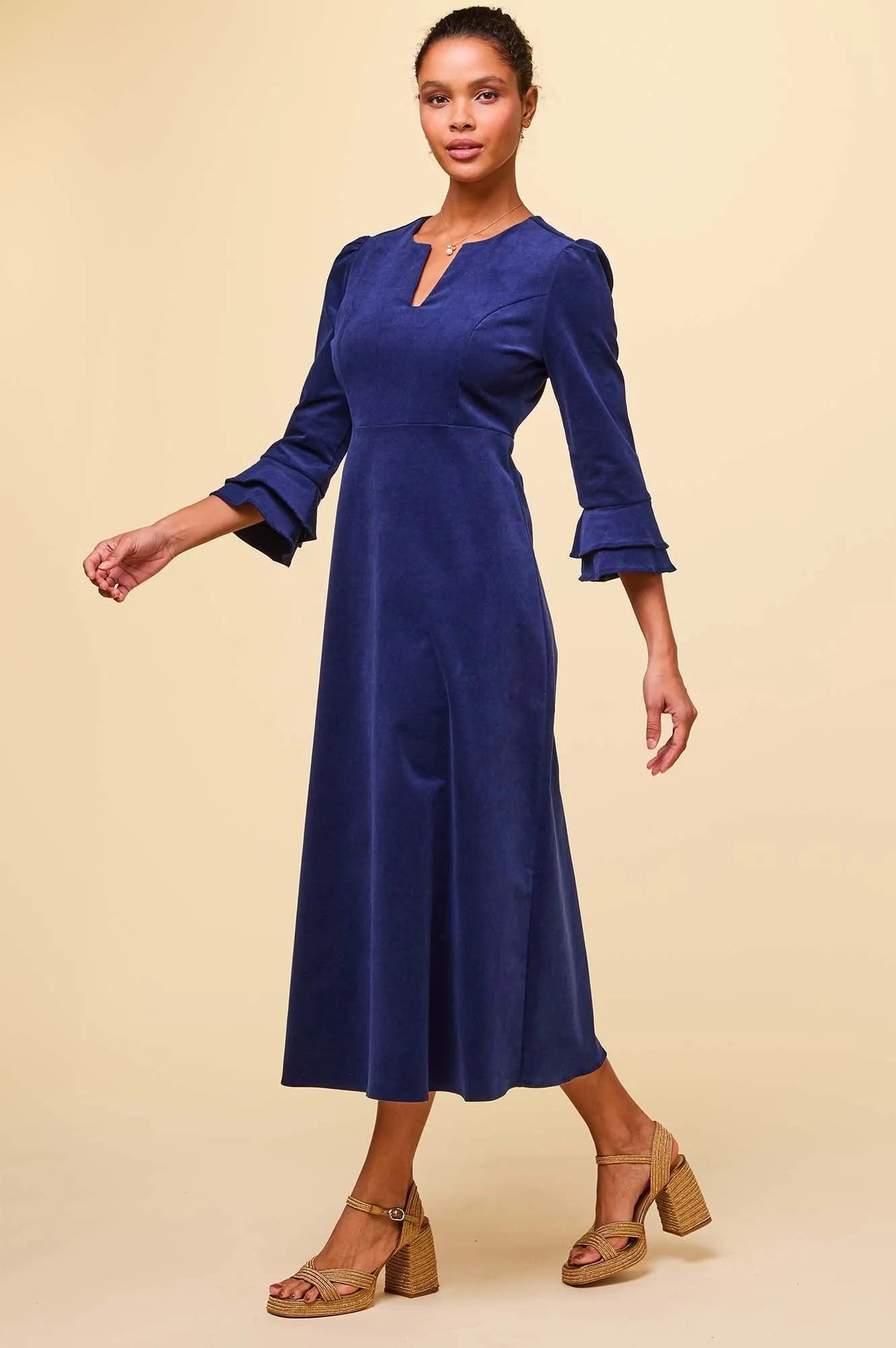 Jocelyn V-Neck 3/4 Sleeve Stretch Corduroy Dress | Atlantic Blue Ocean Breeze Easy Fashion