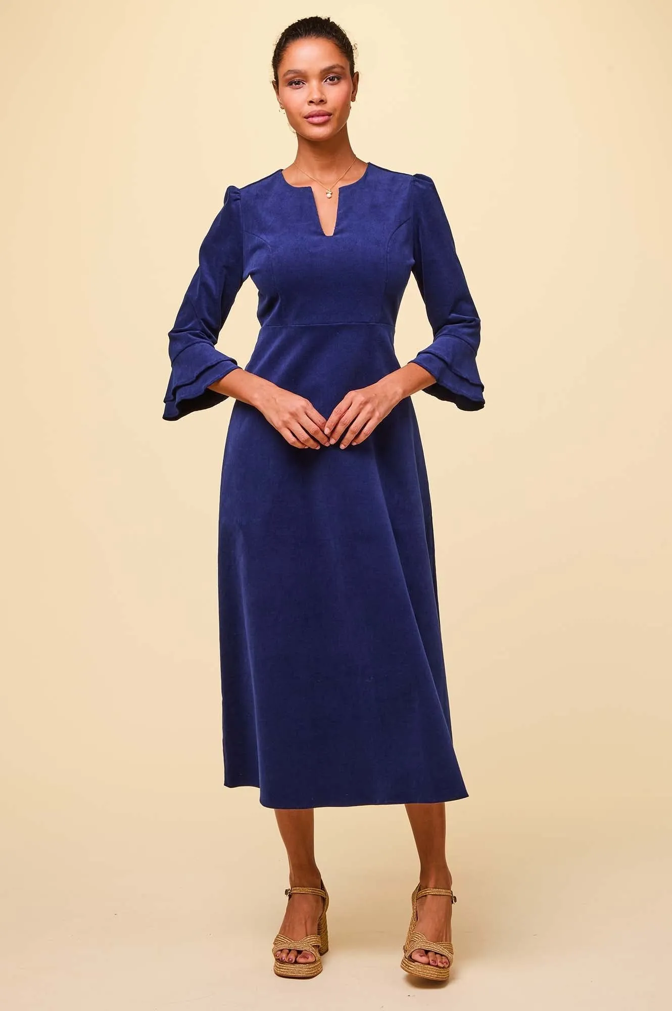Jocelyn V-Neck 3/4 Sleeve Stretch Corduroy Dress | Atlantic Blue Platinum Shine
