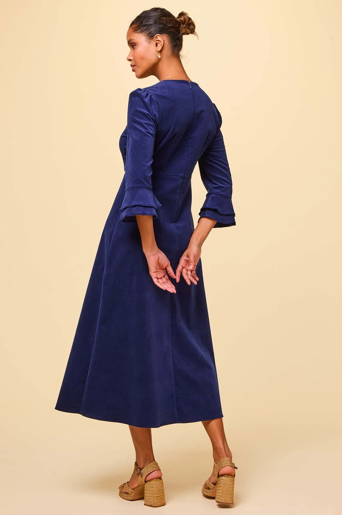 Casual Glam Casual Style Jocelyn V-Neck 3/4 Sleeve Stretch Corduroy Dress | Atlantic Blue