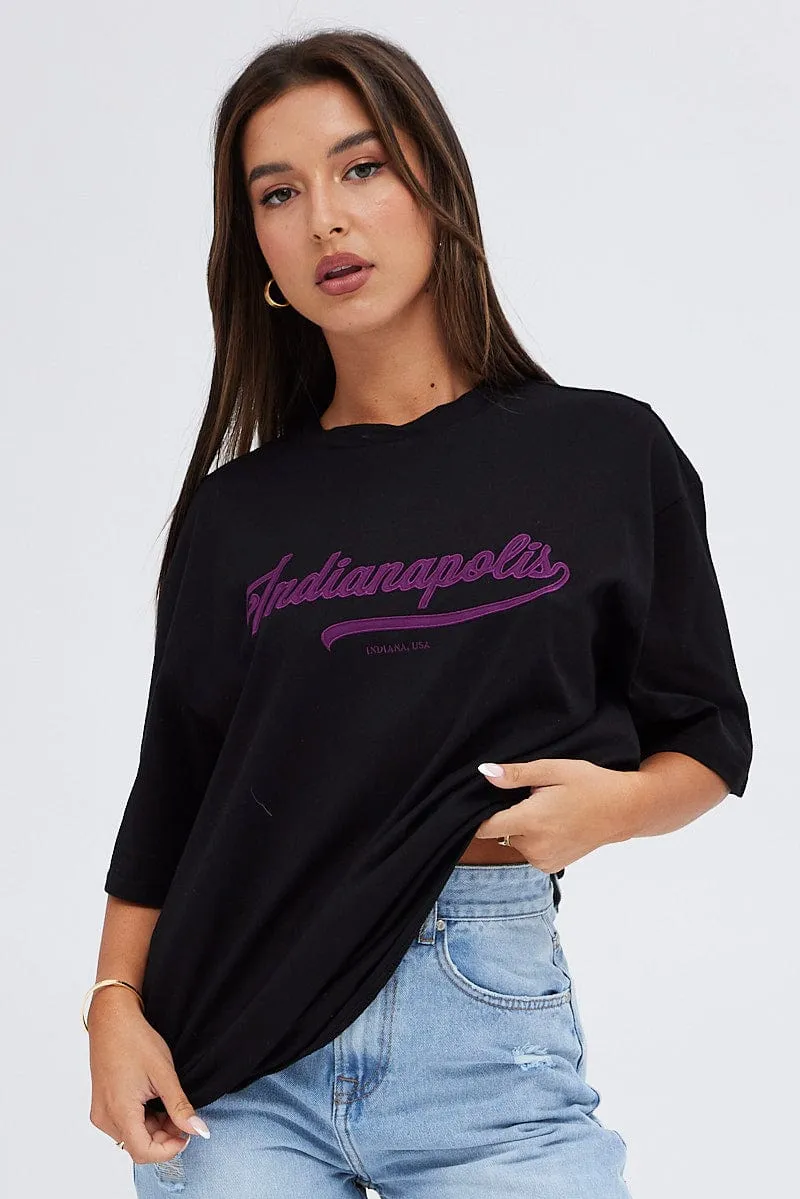 Black T-Shirt Short Sleeve Crew Neck Indianapolis Light and Breathable