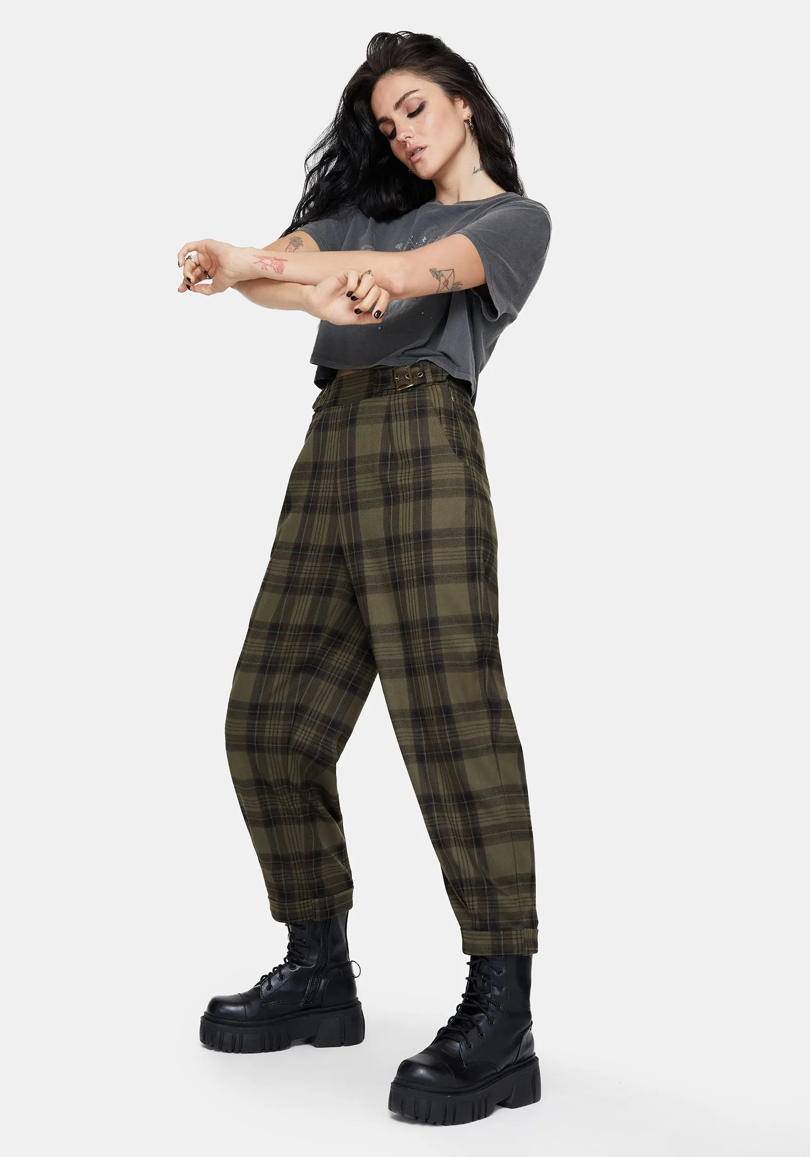 Dali Buckle Detail Check Balloon Trousers Casual Comfort Fit No Gap Waist