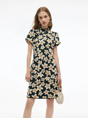Vibrant Chic Wear quick dry Cotton Floral Print Women Qipao Mini Dress
