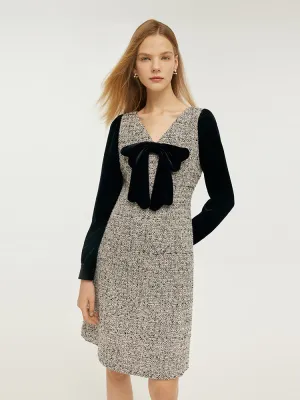 Flash Vibe Versatile Wear Wool Blend Patchwork Velvet Women Mini Dress With Detachable Bowknot