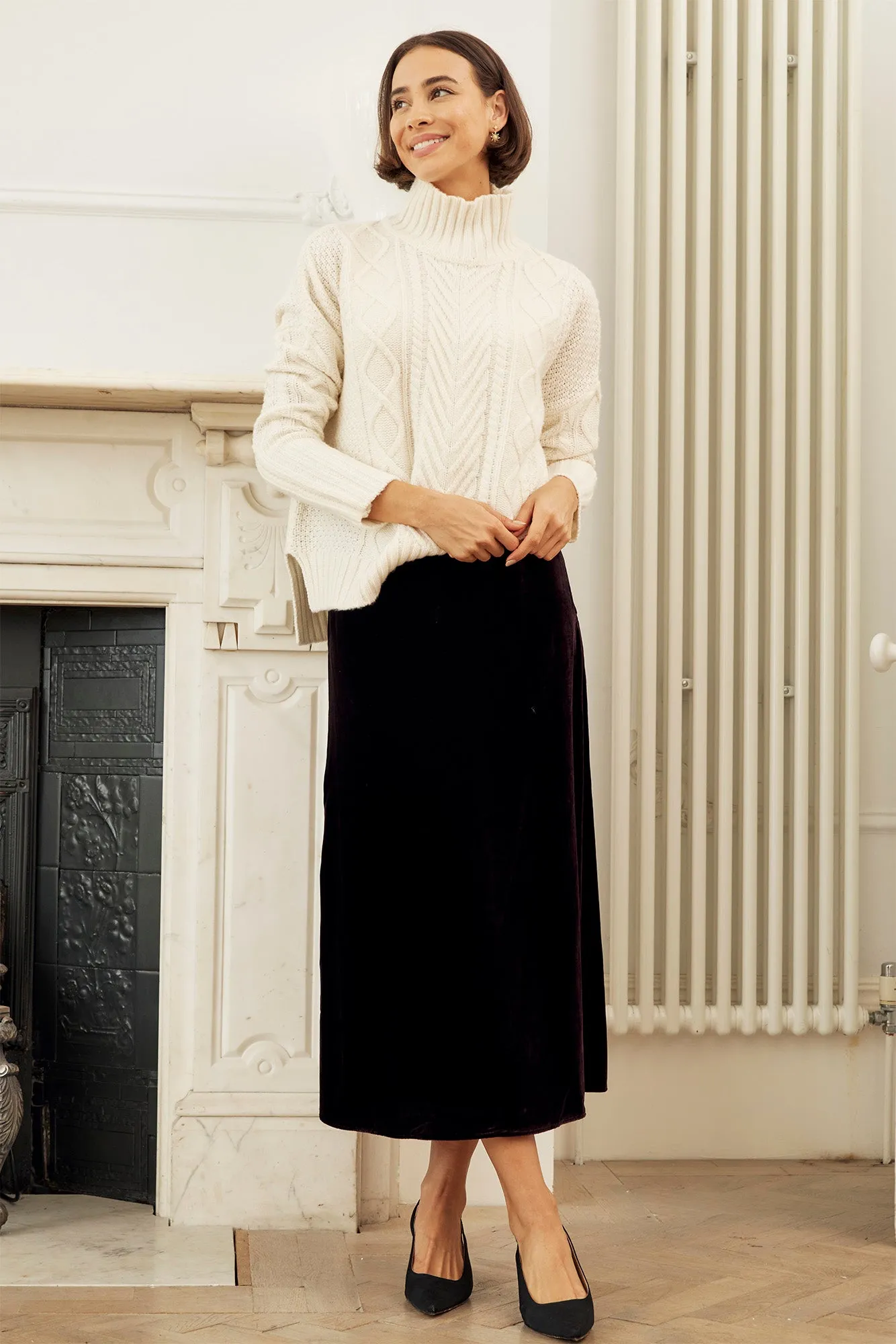 Autumn Stroll Leather Look Velvet Midi Skirt | Aubergine