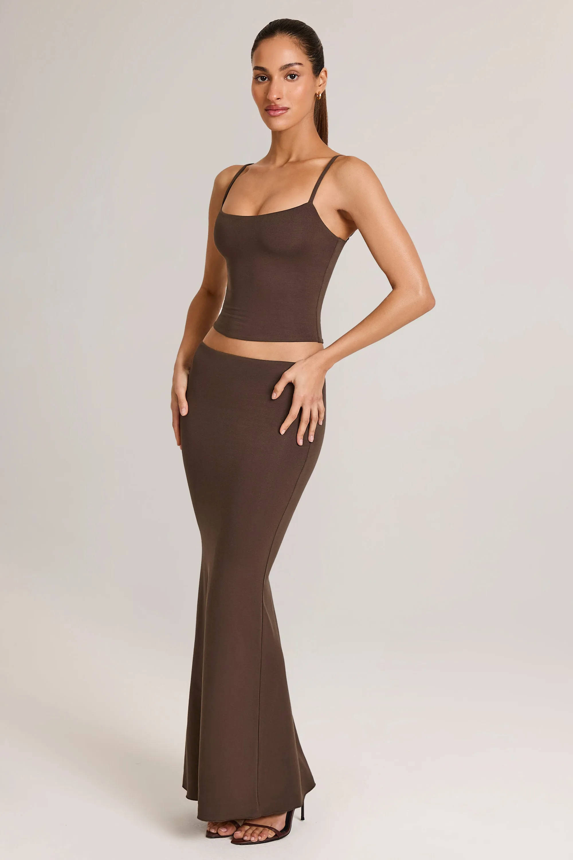 Warm Insulation Modal Mid-Rise Fishtail Maxi Skirt in Chocolate Brown