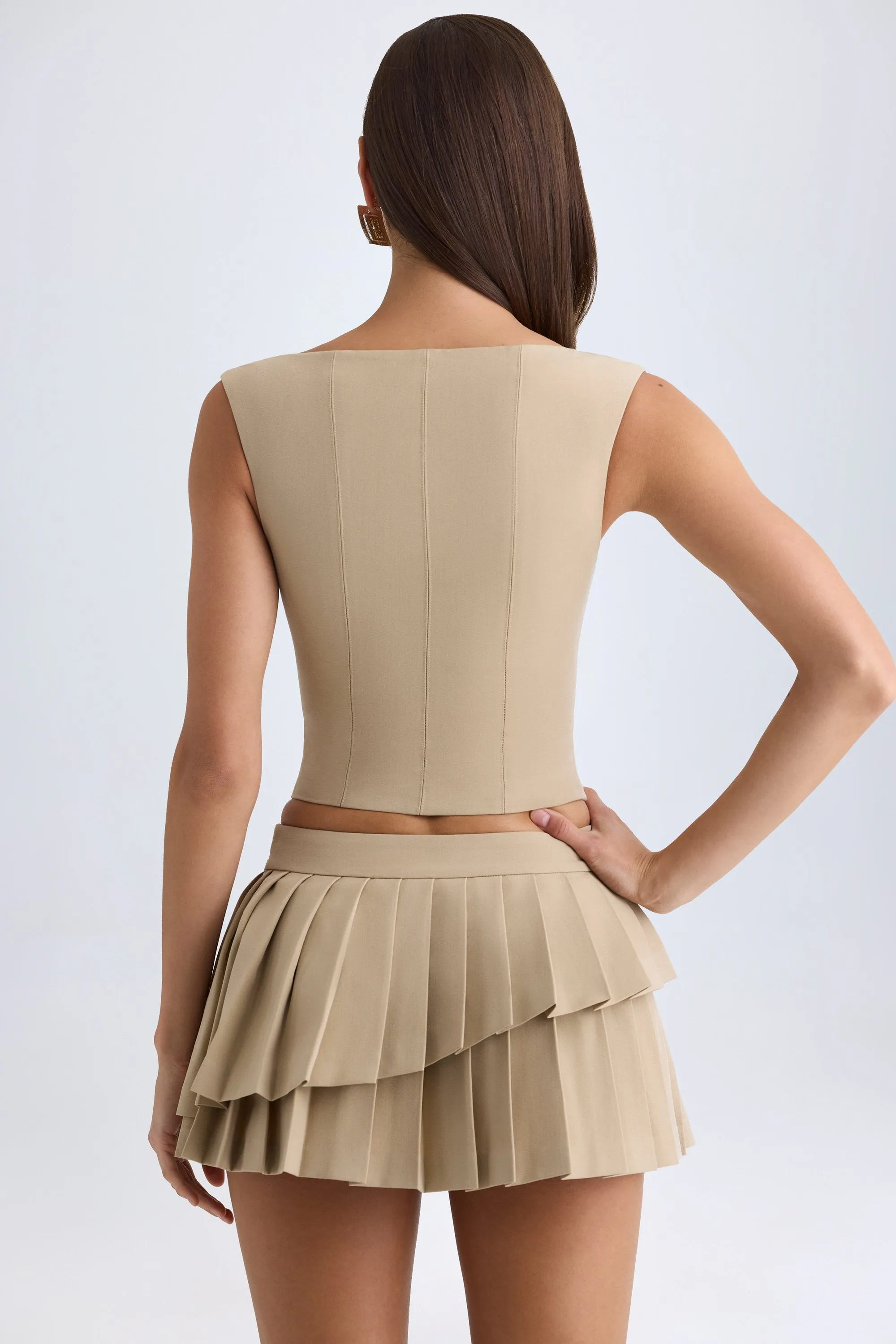 Layered Pleated Low-Rise Mini Skirt in Camel High Elasticity Material Light Touch
