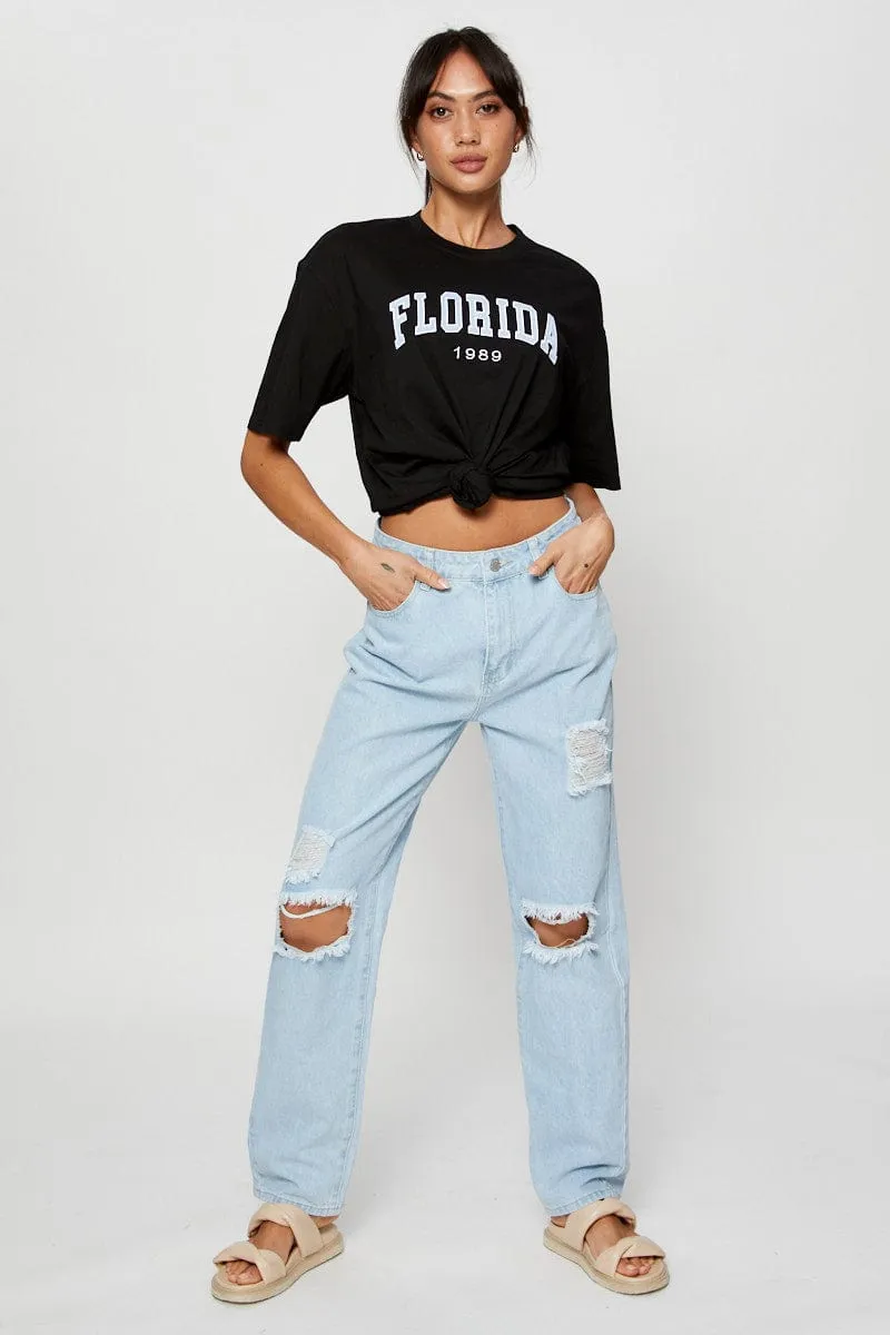 Black Jersey T-Shirt Short Sleeve Embroidered Urban Trend Look