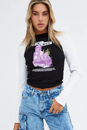 Black Top Long Sleeve Crew Neck Longline Rock Graphic Casual Chic Wear Comfort and style
