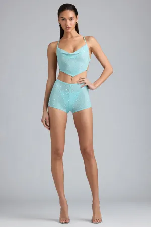 Contemporary Design Embellished Mid-Rise Hot Pant Shorts in Ice Blue