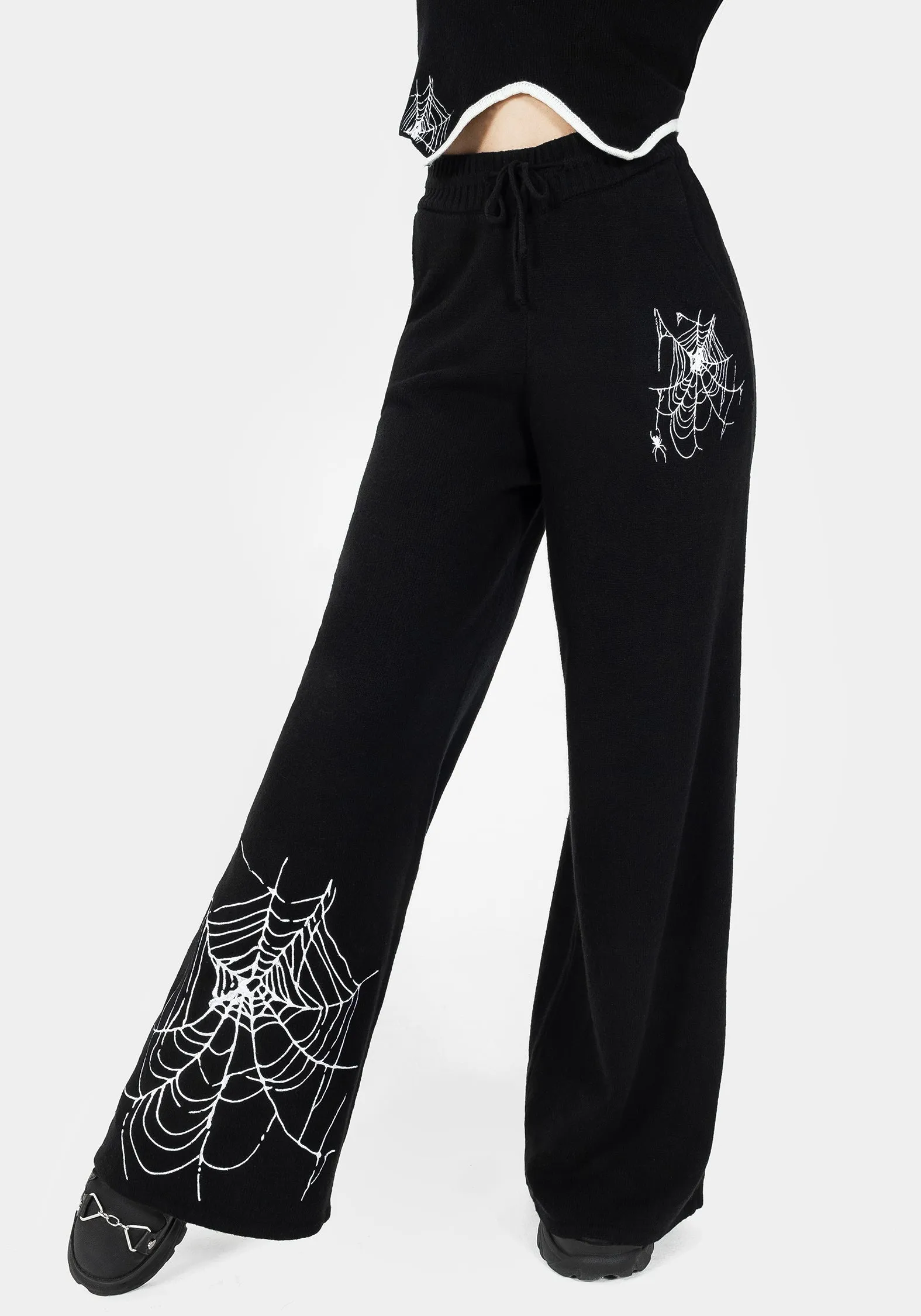 Araneae Embroidered Wide Leg Knit Joggers Travel Fit Versatile Comfort Wear