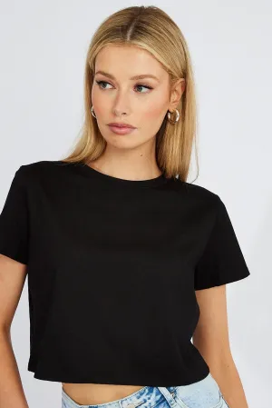 Recycled Polyester Black Crop T Shirt Short Sleeve Crew Neck