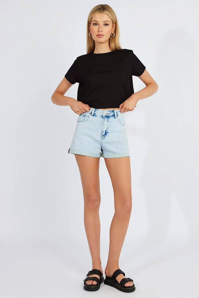 Black Crop T Shirt Short Sleeve Crew Neck World Glow
