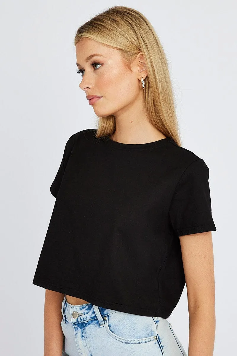 Black Crop T Shirt Short Sleeve Crew Neck Relaxed Outfit Light Sweatshirt