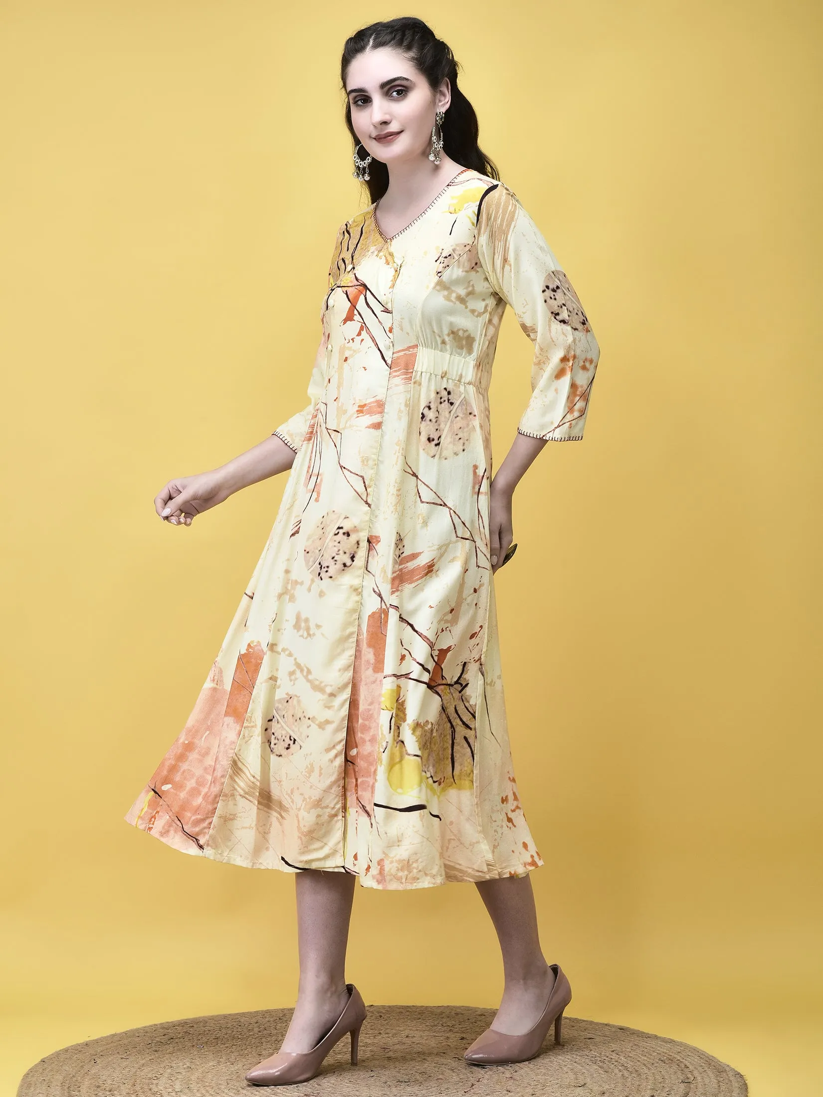 Elegant Layer Women Liva Rayon Beige Multicolor Abstract Print Dress