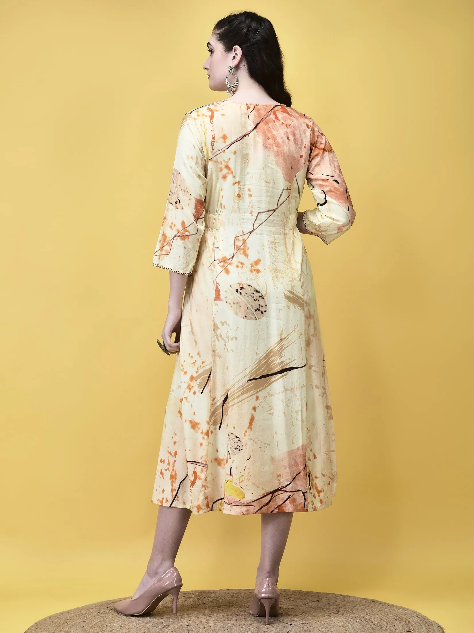 King Mode Women Liva Rayon Beige Multicolor Abstract Print Dress