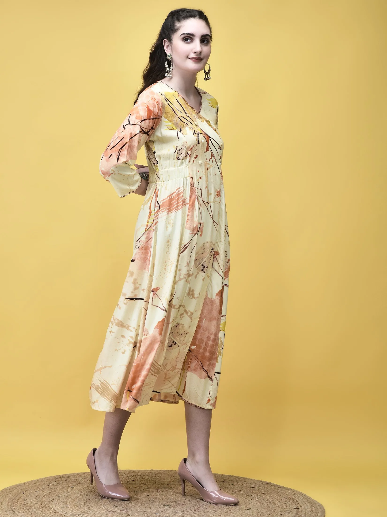 Tough Core Women Liva Rayon Beige Multicolor Abstract Print Dress