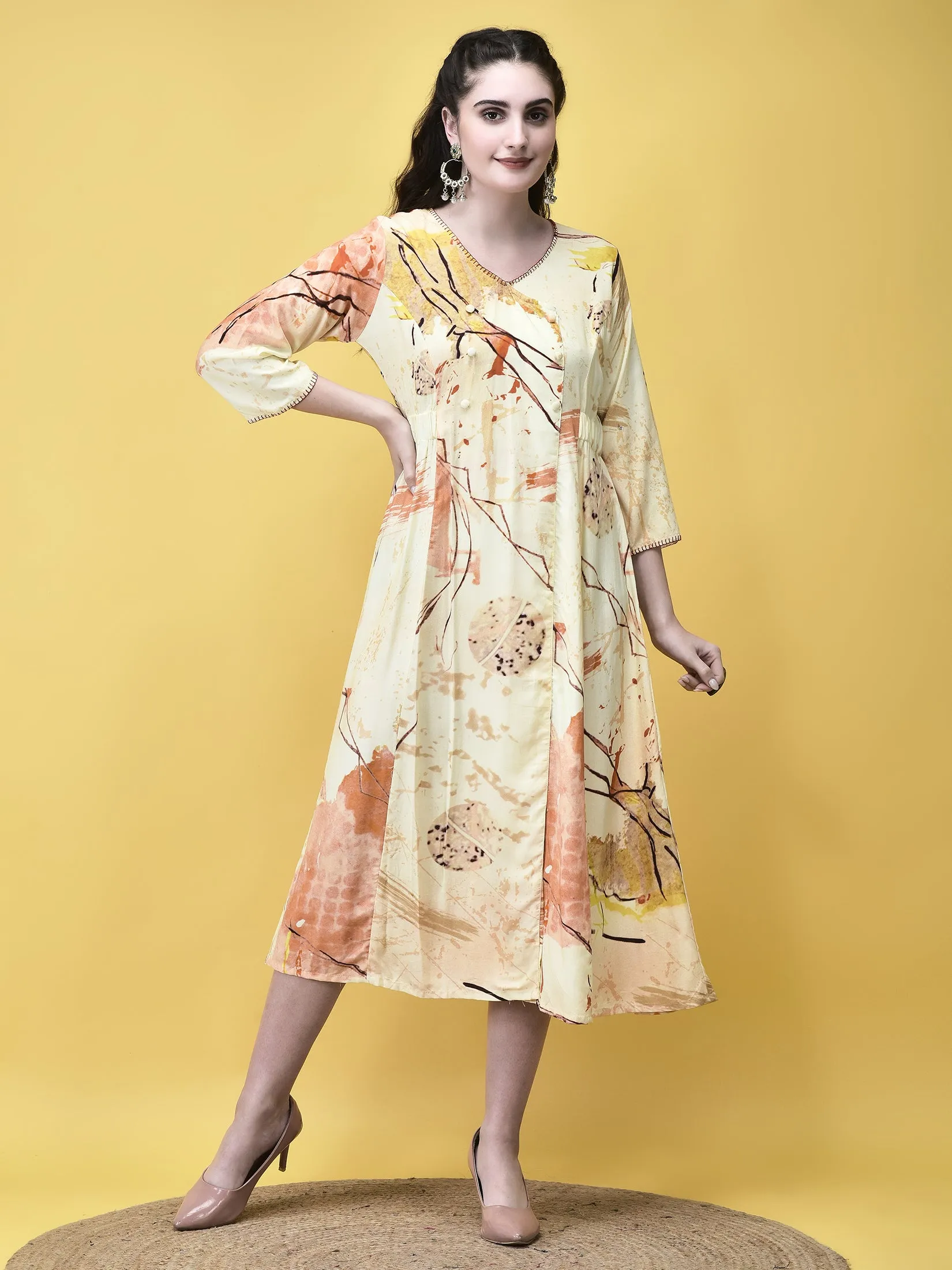 AntiStaticTechnology AntiPilling Women Liva Rayon Beige Multicolor Abstract Print Dress