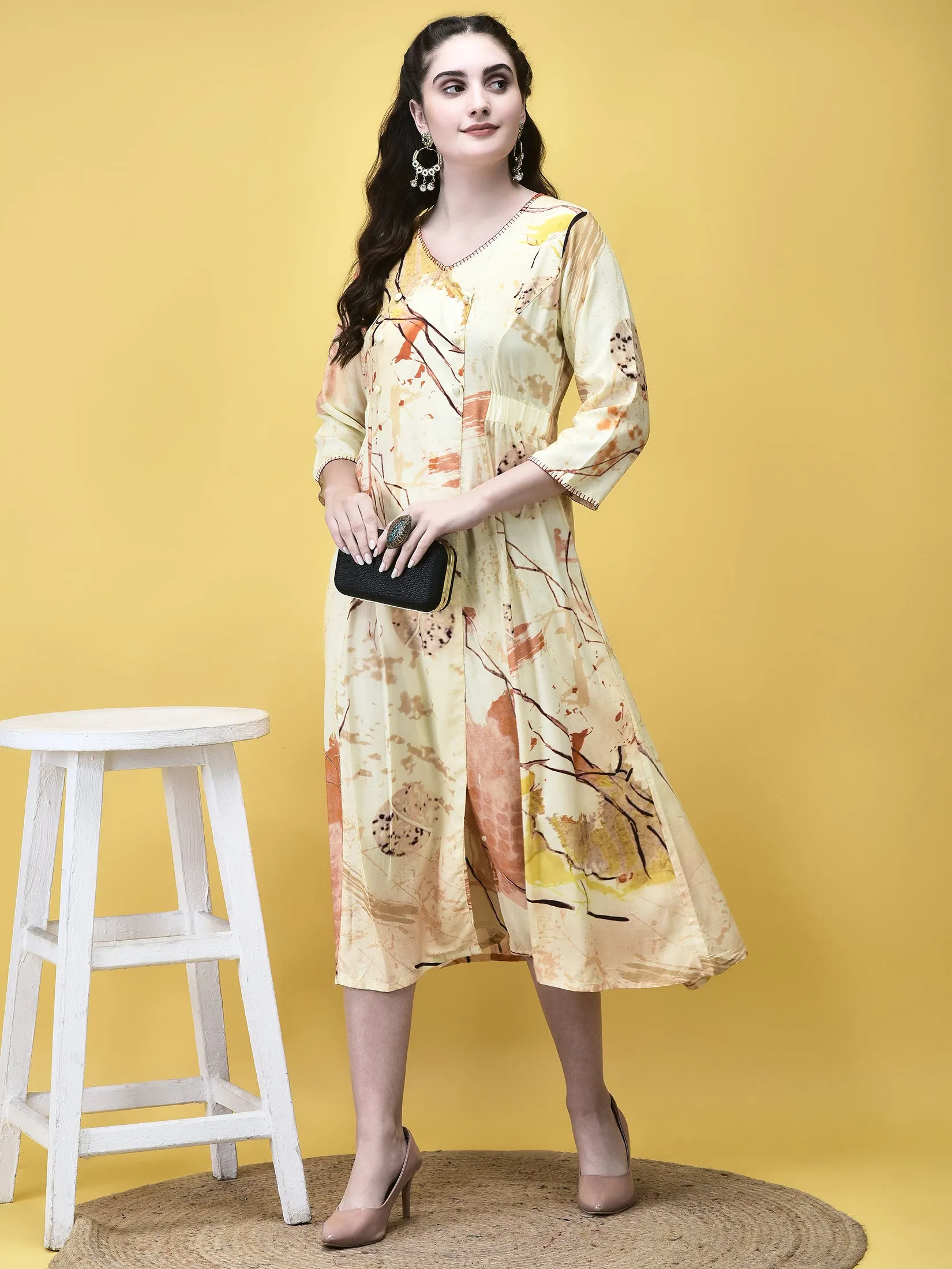 Women Liva Rayon Beige Multicolor Abstract Print Dress Model Edge
