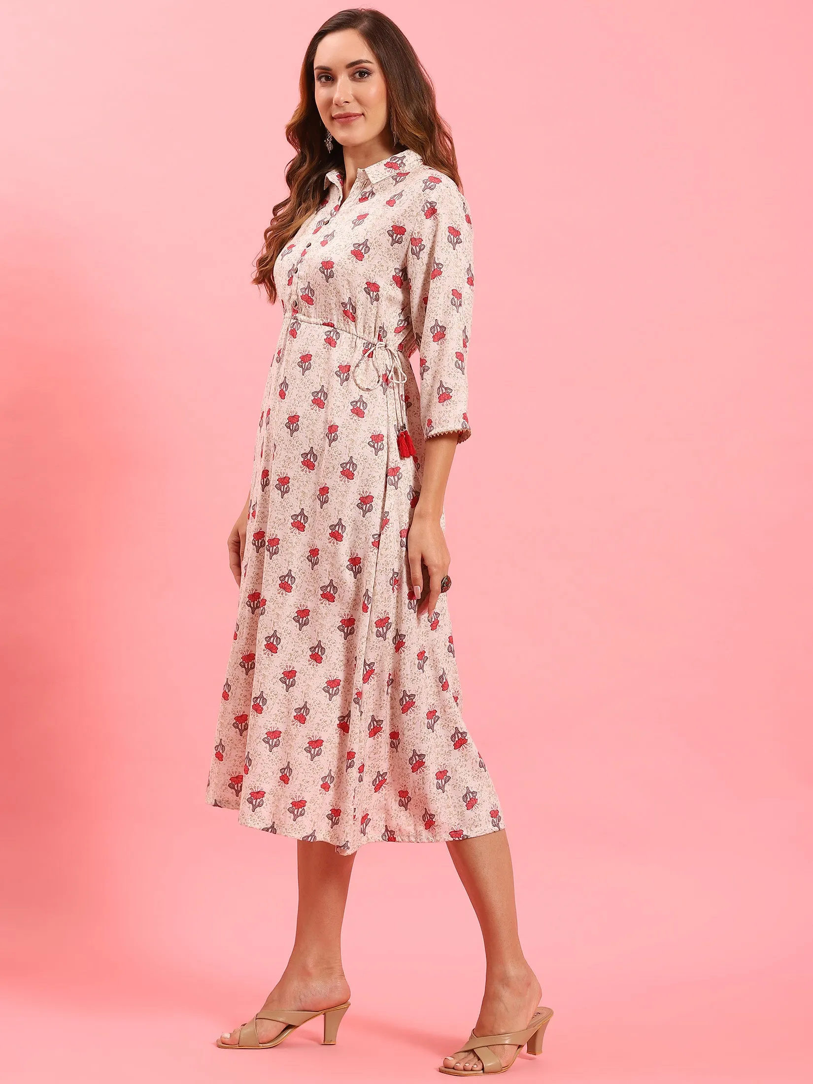 Women White Floral Printed Dress Lightweight insulation Gentle Breeze