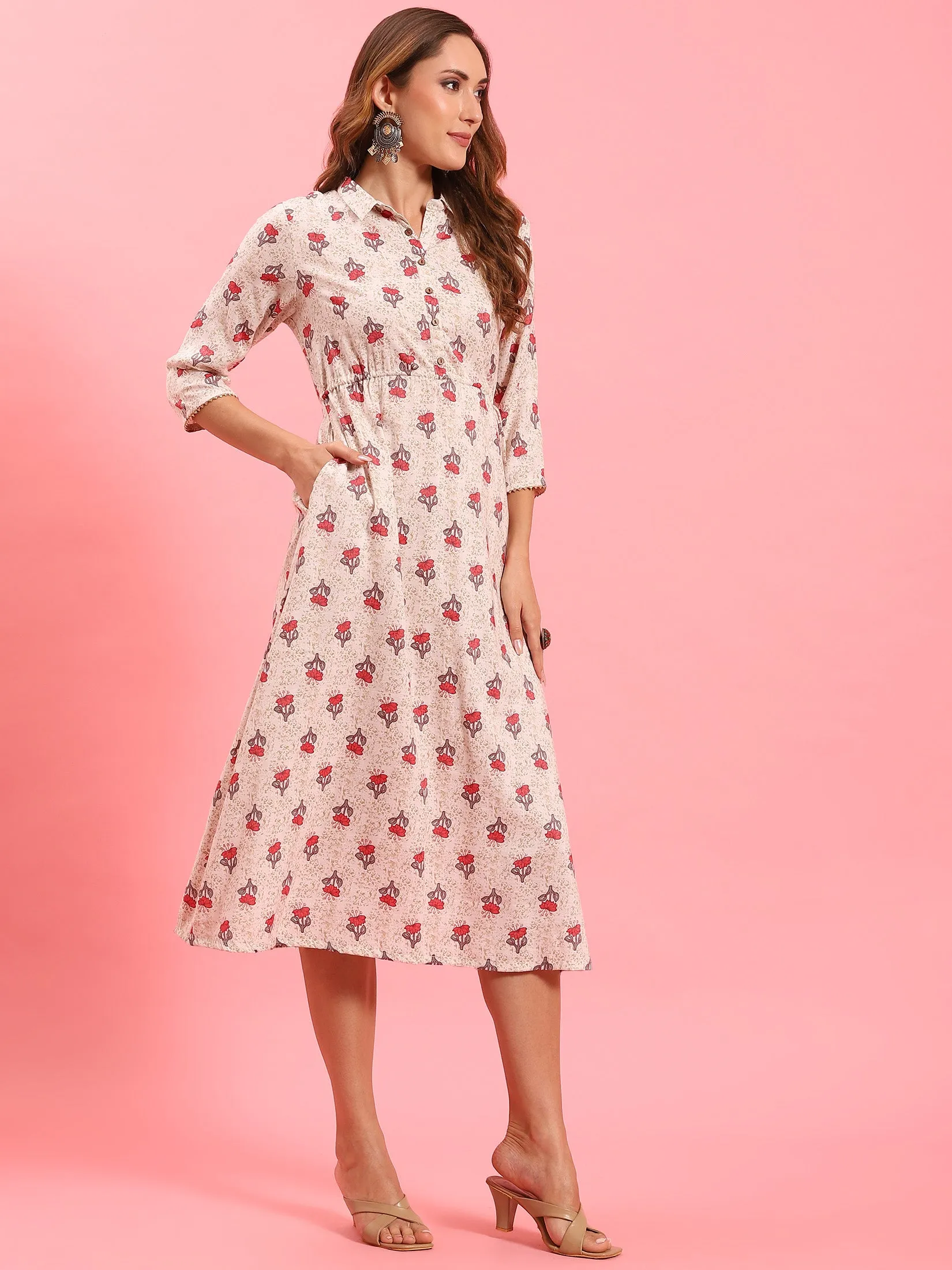Women White Floral Printed Dress SeamlessFit Spark Mood