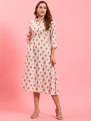 Women White Floral Printed Dress Outdoor Look Teen Fresh