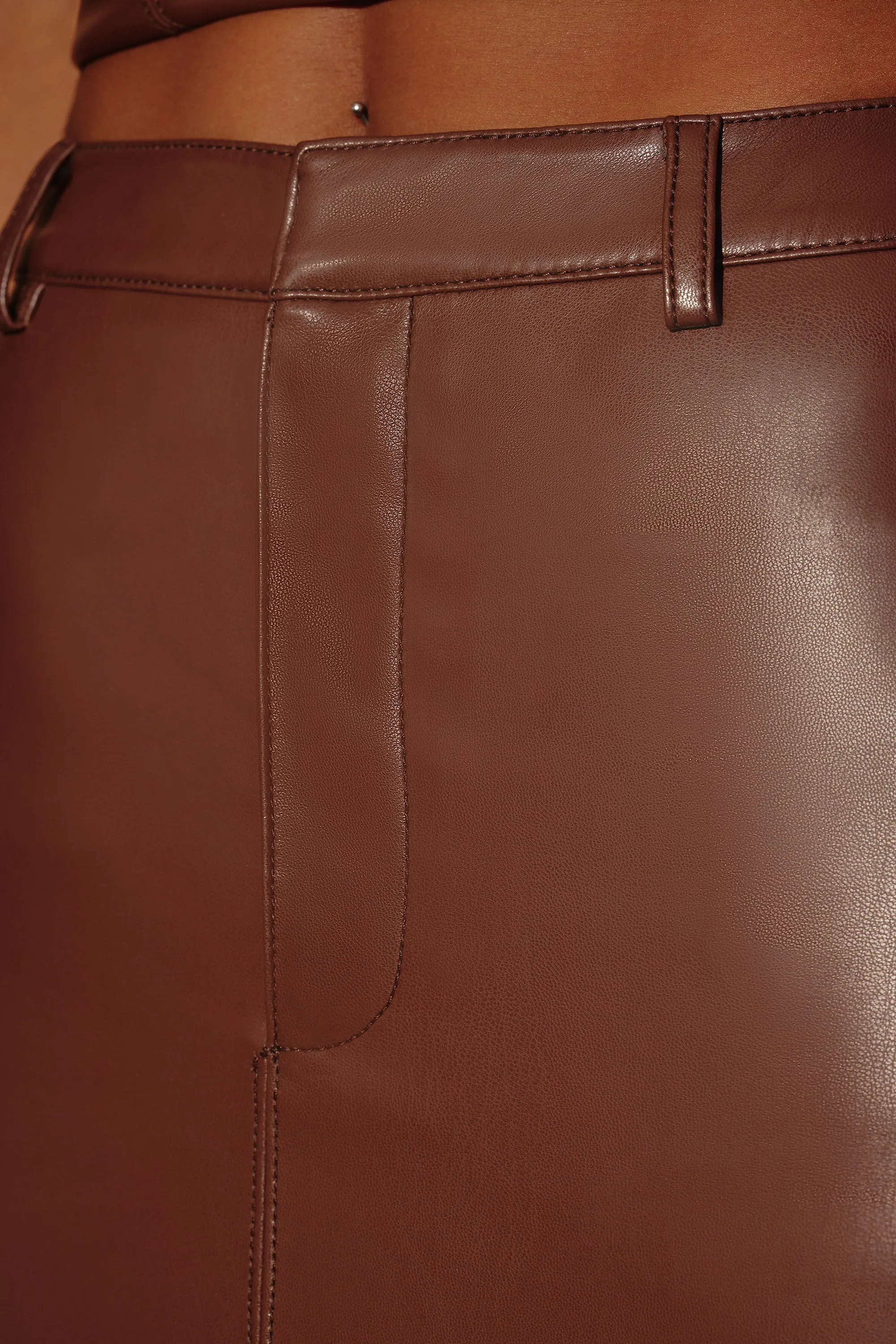 muted tone Casual Edge Mid-Rise Vegan Leather Maxi Skirt in Brown