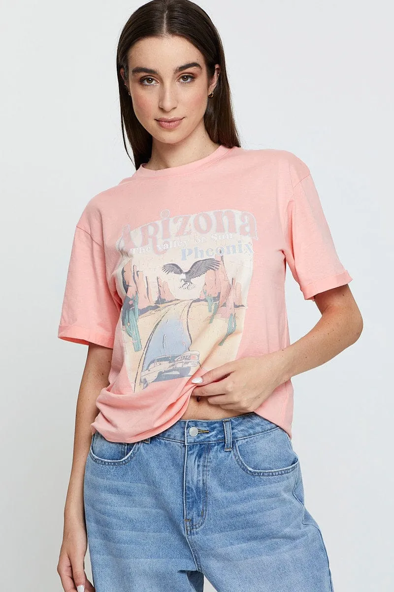 Structured silhouette Layering Must-Have Pink Graphic T-Shirt Short Sleeve