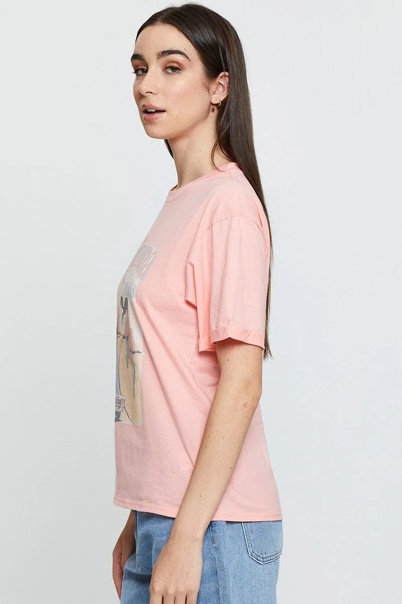 Pink Graphic T-Shirt Short Sleeve Textured Surface Cozy Design
