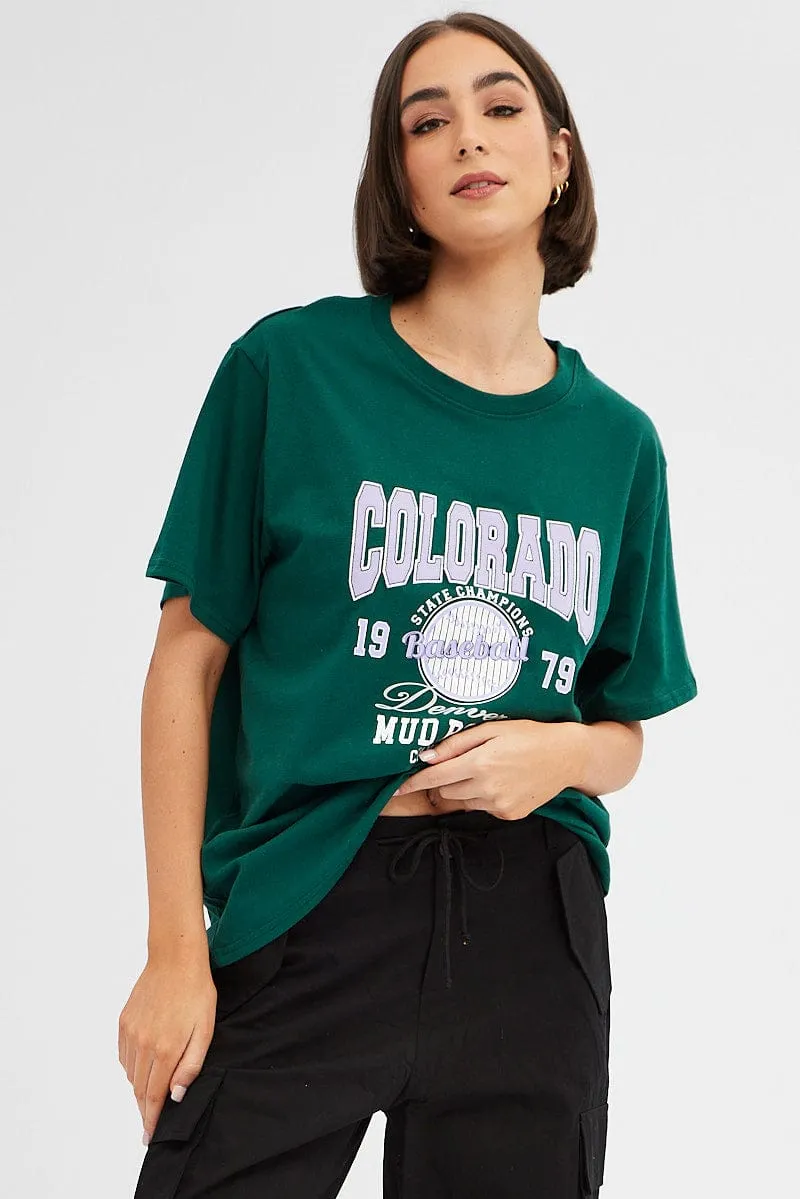 Green Tee Round Neck Short Sleeve Graphic Print UV Protective Fabric