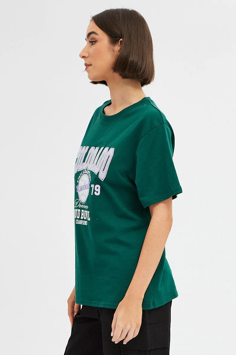 Micro Perforated Fabric Green Tee Round Neck Short Sleeve Graphic Print
