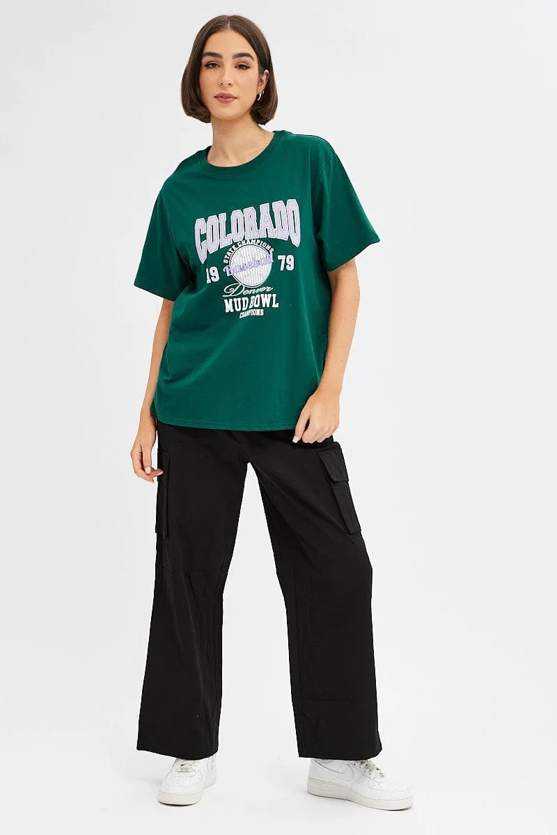 Green Tee Round Neck Short Sleeve Graphic Print Modern Style