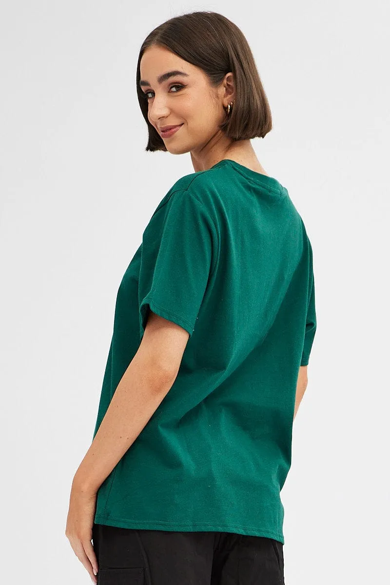 Green Tee Round Neck Short Sleeve Graphic Print Comfortable Stretch City Smart